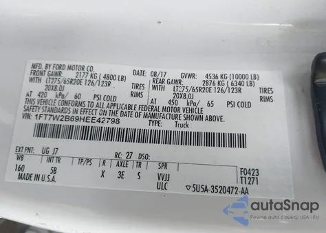 2017 Ford F-250 Lariat from USA, damaged, VIN 1FT7W2B69HEE42798